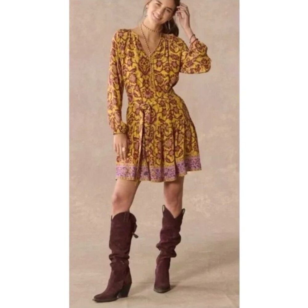 NEW Sundance Maras Mini Dress Long Sleeve Boho Yellow Red Size PM [jb]